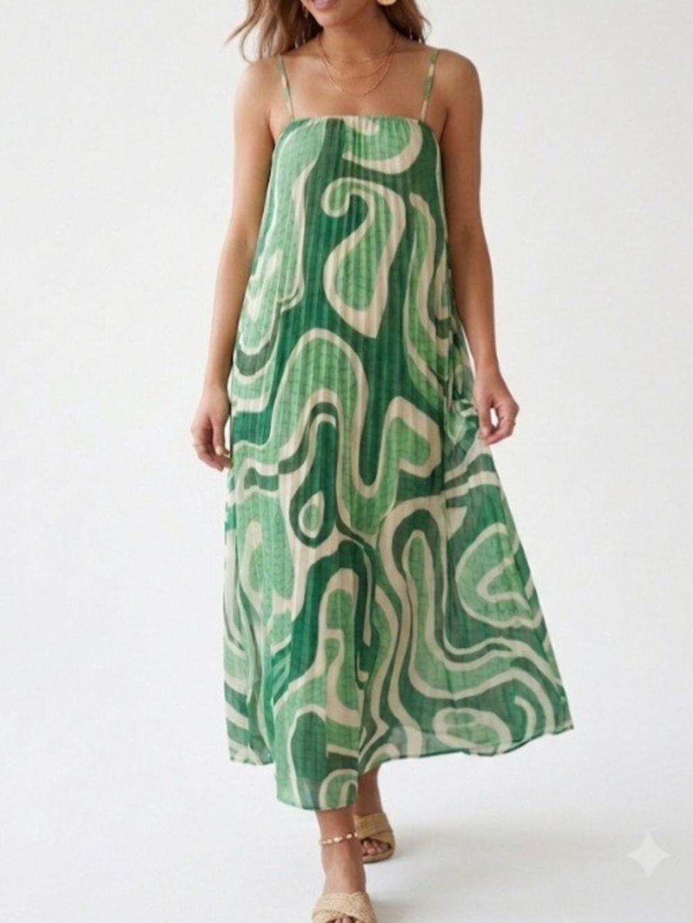 FARM Rio x Anthropologie Square-Neck Pleated Midi Dress Green Swirl -Size S - Picture 6 of 6